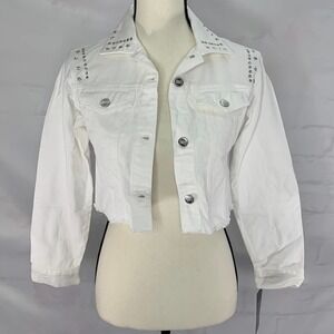 NWT| TRUCE Girl’s Studded Cropped 100% Cotton White Denim Jacket |‎ Women's XS